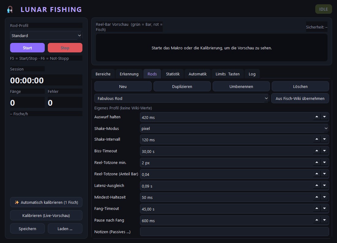 Lunar Fishing: Rod-Profile mit Auswurf, Shake, Reel-Einstellungen