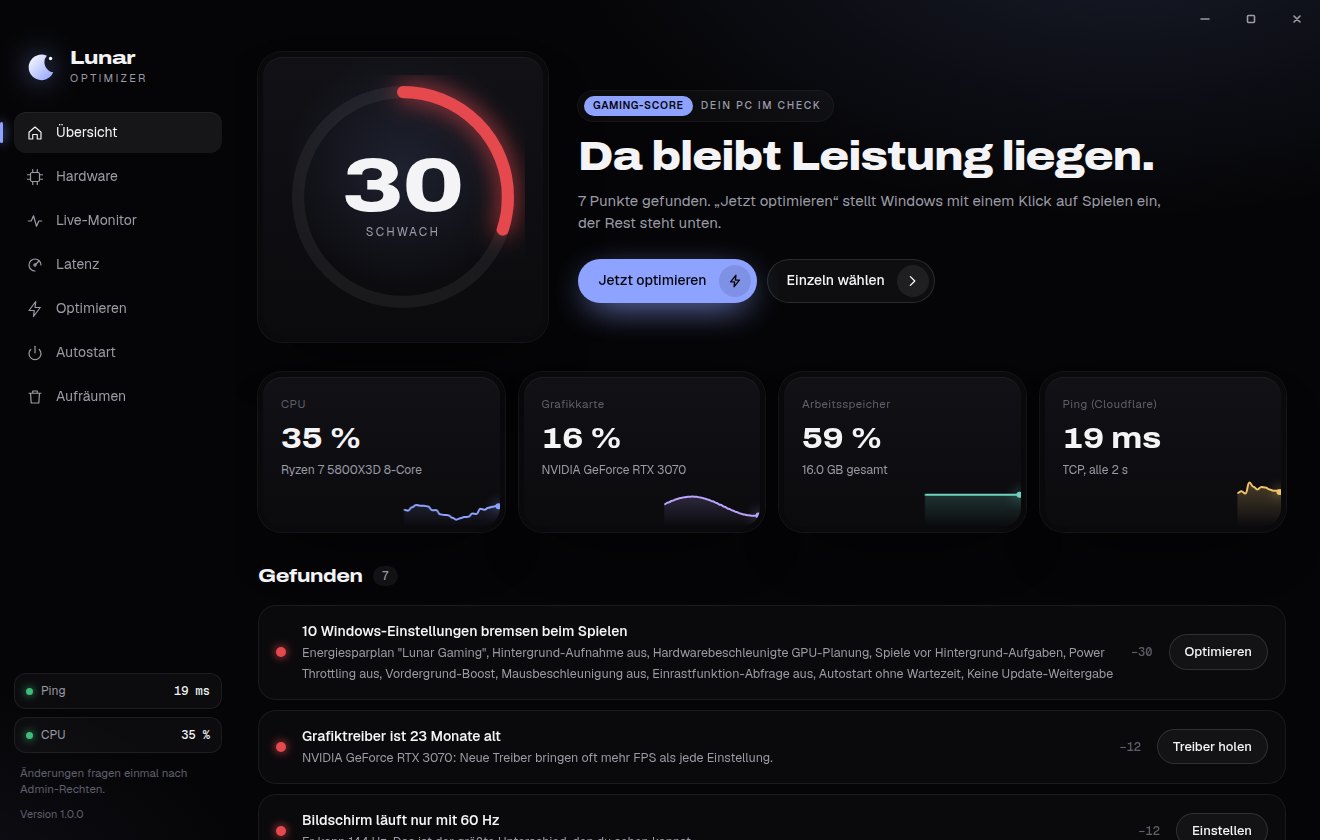 Lunar Optimizer: Übersicht mit Gaming-Score, Live-Werten und gefundenen Problemen